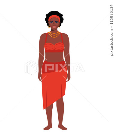 Native black skinned woman of African tribe. Full length portrait. African aborigine girl with traditional ethnic dress, standing in full growth. Vector. 115956134