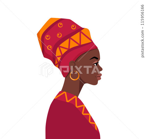 Native black skinned woman of African tribe, side view portrait. African aborigine girl with traditional ethnic dress. Vector. Native black skinned woman of African tribe, side view portrait. African aborigine girl with traditional ethnic dress. Vector. 115956166