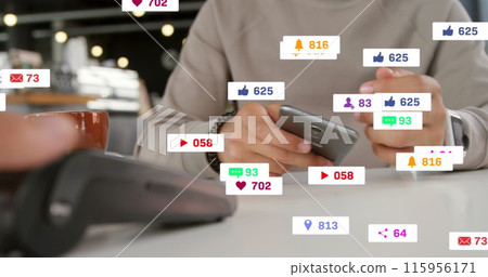 Image of notification bars over caucasian man using cellphone and credit card reader on table 115956171