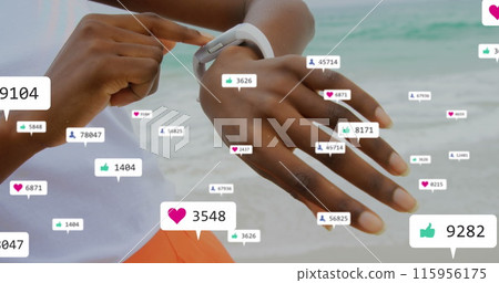 Image of notification bars over midsection of african american woman using smartwatch at beach Image of notification bars over midsection of african american woman using smartwatch at beach 115956175