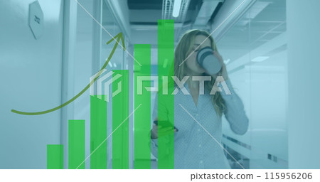 Image of financial graphs over caucasian woman with coffee walking in office Image of financial graphs over caucasian woman with coffee walking in office 115956206