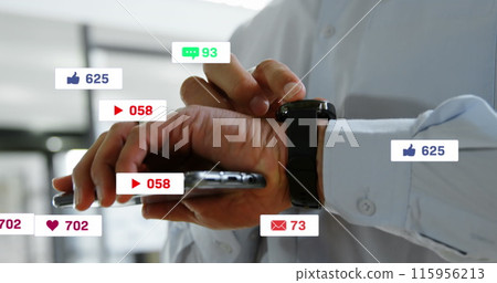 Image of notification bars over caucasian man using smartphone and scrolling on smartwatch 115956213