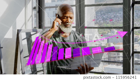 Image of arrow on graph over senior african american man with laptop talking on smartphone Image of arrow on graph over senior african american man with laptop talking on smartphone 115956241