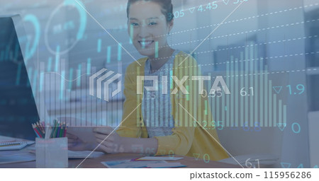 Image of multiple graphs moving over portrait of smiling asian businesswoman in office Image of multiple graphs moving over portrait of smiling asian businesswoman in office 115956286