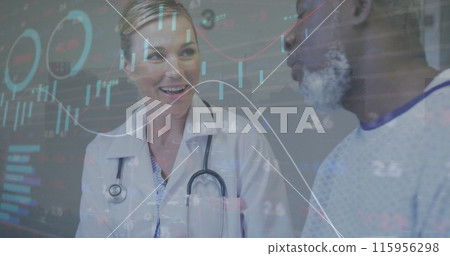 Image of graphs, loading circles and trading board, diverse female doctor talking with patient 115956298