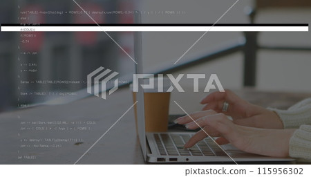 Image of data processing over hands using laptop 115956302