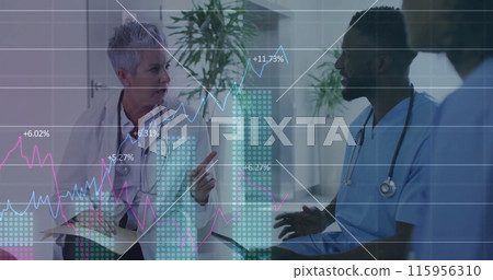 Image of multiple graphs with changing numbers, diverse doctors discussing in hospital 115956310