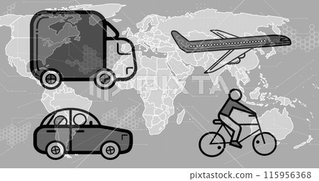 Image of transport icons over world map on grey background 115956368