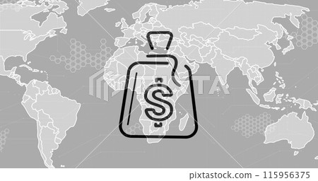 Image of financial icons over world map on grey background 115956375
