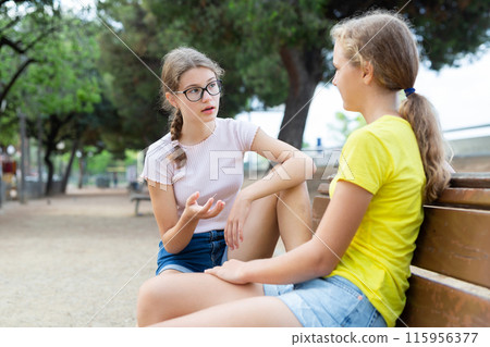 Two friendly young girls sitting on bench 115956377