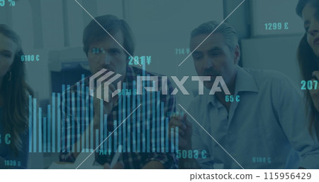 Image of financial data processing over diverse businesspeople in office Image of financial data processing over diverse businesspeople in office 115956429