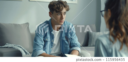 Man Sitting on a Couch During Therapy Session 115956435