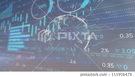 Image of financial data processing over globe with connections 115956479
