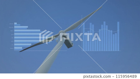Image of financial data processing over wind turbine 115956489
