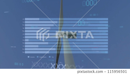 Image of financial data processing over wind turbine 115956501