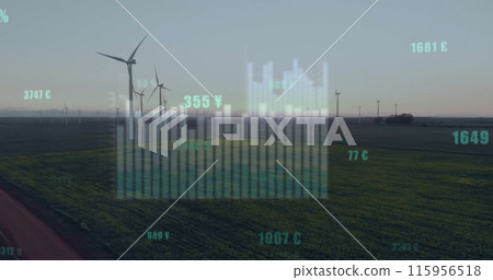 Image of financial data processing over wind turbines Image of financial data processing over wind turbines 115956518