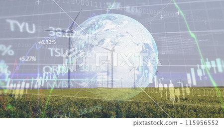 Image of diagrams and data processing with globe over field with wind turbines Image of diagrams and data processing with globe over field with wind turbines 115956552