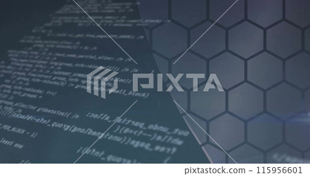 Image of data processing over hexagons on blue background Image of data processing over hexagons on blue background 115956601