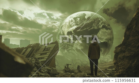 Person Gazing At Earth In Destroyed City 115956631