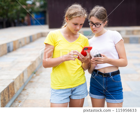 Two young girls with smartphones standing in park Two young girls with smartphones standing in park 115956633