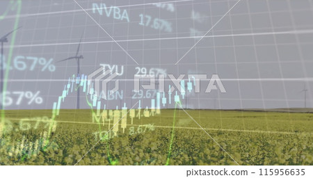 Image of diagrams and data processing over field with wind turbines Image of diagrams and data processing over field with wind turbines 115956635
