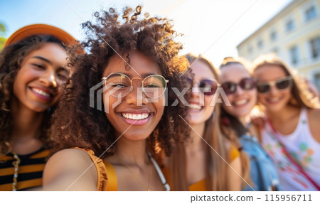 Smiling Friends Selfie in City 115956711