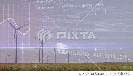 Image of stock market and data processing over field with wind turbines Image of stock market and data processing over field with wind turbines 115956722