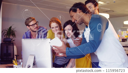 Image of data processing and diagrams over diverse business people discussing work 115956723