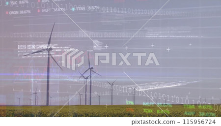 Image of stock market and data processing over field with wind turbines Image of stock market and data processing over field with wind turbines 115956724