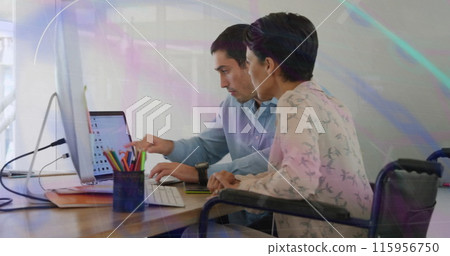 Image of financial data processing over diverse business people in office 115956750