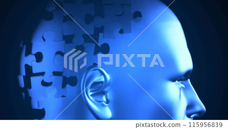 Image of autism awareness month text with puzzle pieces over head on black background 115956839