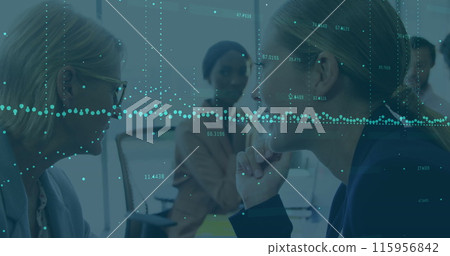 Image of data processing over caucasian businesswoman whispering in ear of another businesswoman 115956842