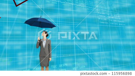 Image of data processing and floating diagrams over Caucasian woman holding umbrella 115956898