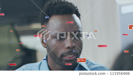 Image of social media icons with texts over african american businessman 115956906