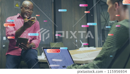 Image of social media icons with numbers over diverse business people Image of social media icons with numbers over diverse business people 115956934