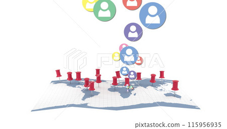 Image of multiple colourful digital social media people icons over world map with red location pins 115956935
