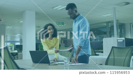 Image of financial data processing over business people in office Image of financial data processing over business people in office 115956953
