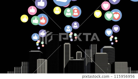 Image of multiple colourful digital social media icons flying over cityscape 115956956