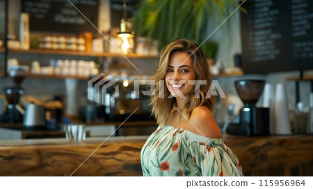 Woman Smiling at Cafe 115956964