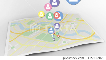 Image of multiple colourful digital social media people icons over map 115956965