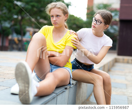 Upset young girl and her friend outdoors 115956987