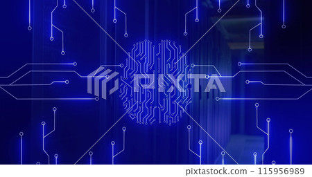Image of neon brain and network of connections over server room 115956989