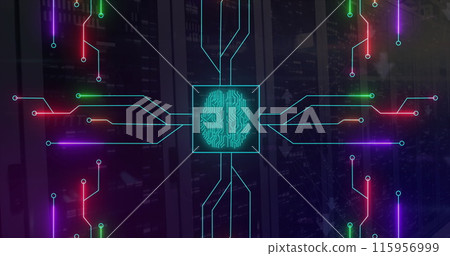 Image of neon network of connections with digital brain over server room Image of neon network of connections with digital brain over server room 115956999