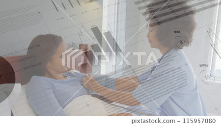 Image of medical data processing over female nurse checking patients blood pressure at the hospital Image of medical data processing over female nurse checking patients blood pressure at the hospital 115957080