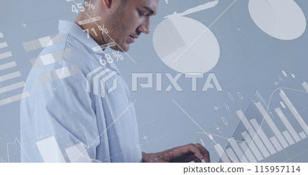 Image of medical data processing over attractive male medical worker wearing white suit using laptop 115957114