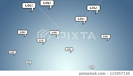 Digital image of lol text on multiple speech bubbles floating against blue background 115957130