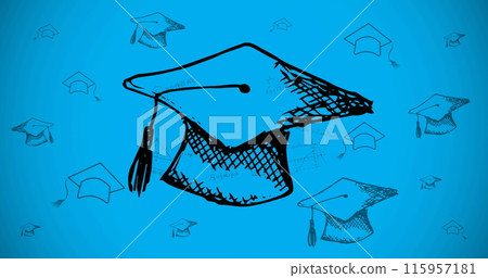 Image of moving graduation hats on blue background 115957181
