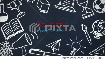 Image of welcome back to school text over school items icons 115957186