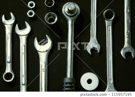 Wrenches, Bolts And Nuts Isolated On Black Professional Napkin 115957195