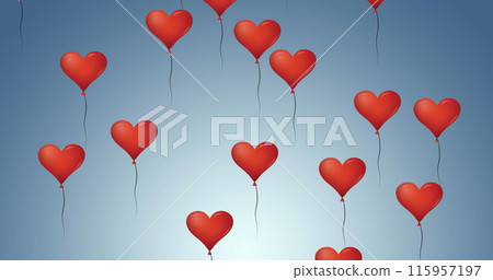 Digital image of multiple red heart shaped balloons floating against blue background Digital image of multiple red heart shaped balloons floating against blue background 115957197